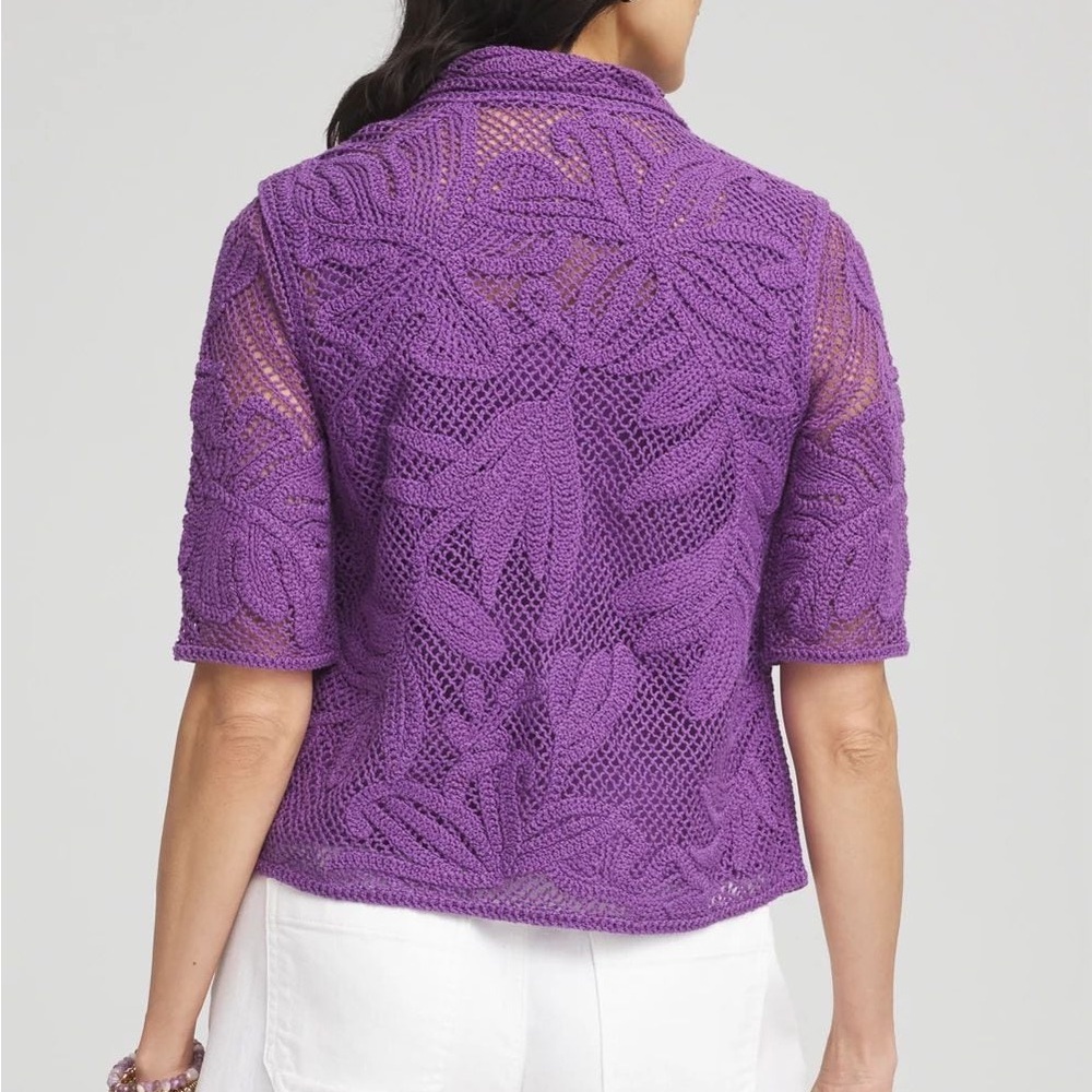 Chicos New Womens M Purple Cotton Blend Palm Frond Crochet Lace Shacket Cardigan - Picture 2 of 10